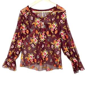 Anthropologie Feather Bone Giralda Sheer Floral Embroidered Blouse Size XS New